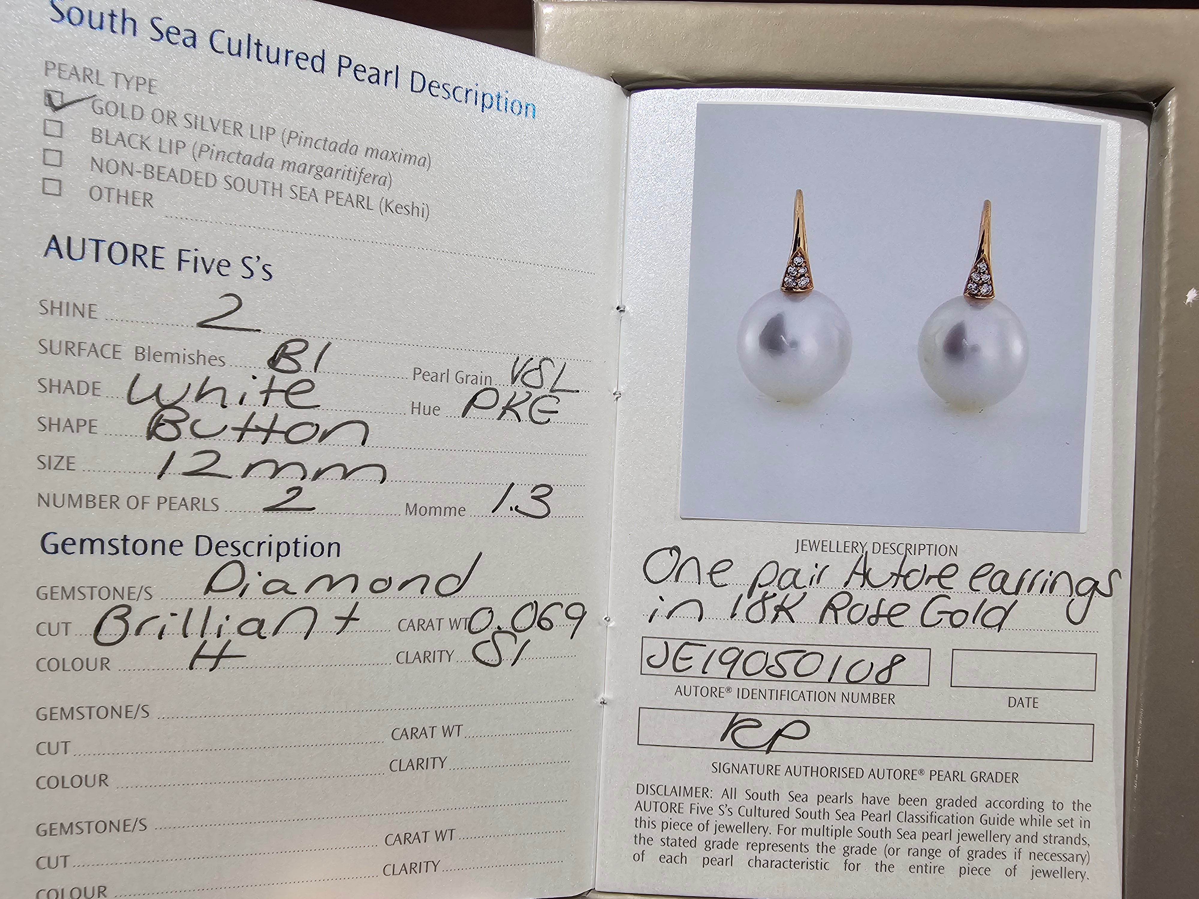 Autore 18ct Rose Gold South Sea Pearl and Diamond Drop Earrings, 12mm