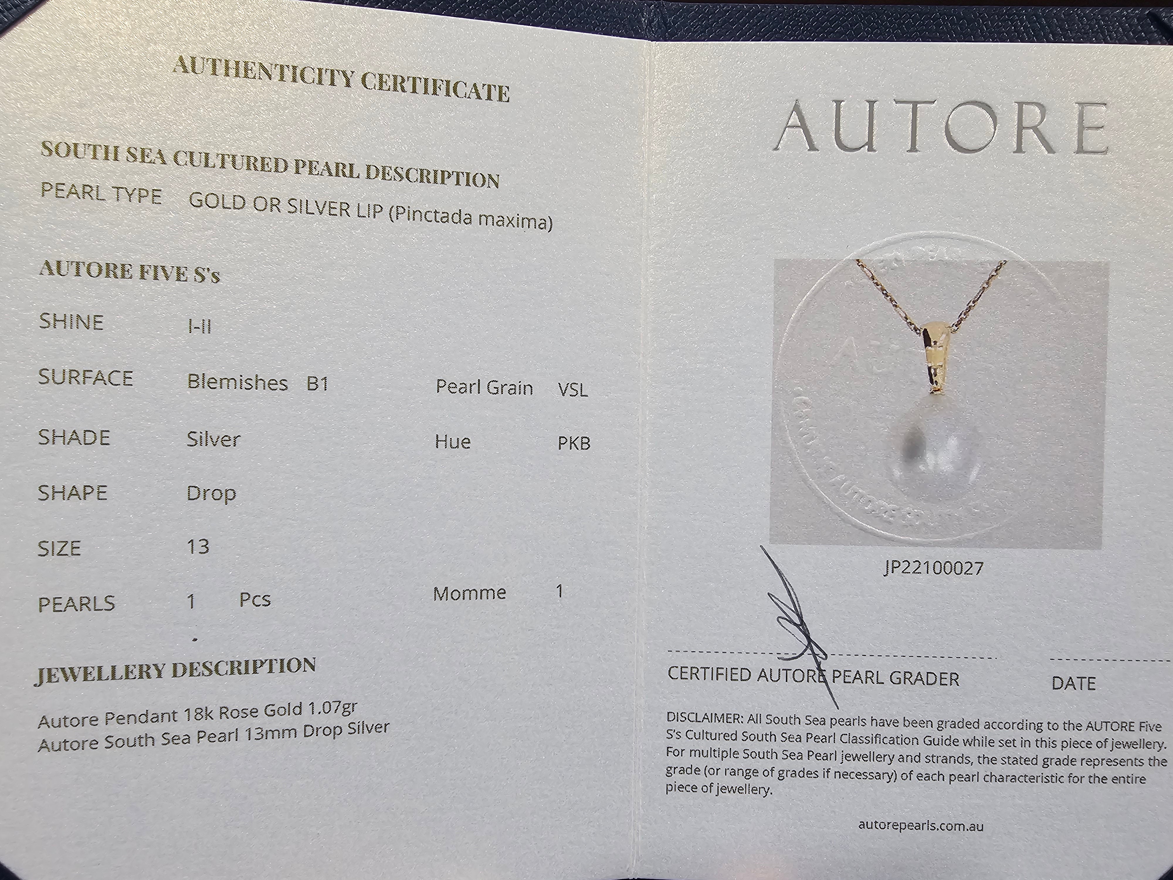 Autore 18ct Rose Gold South Sea Pearl Pendant, 13mm