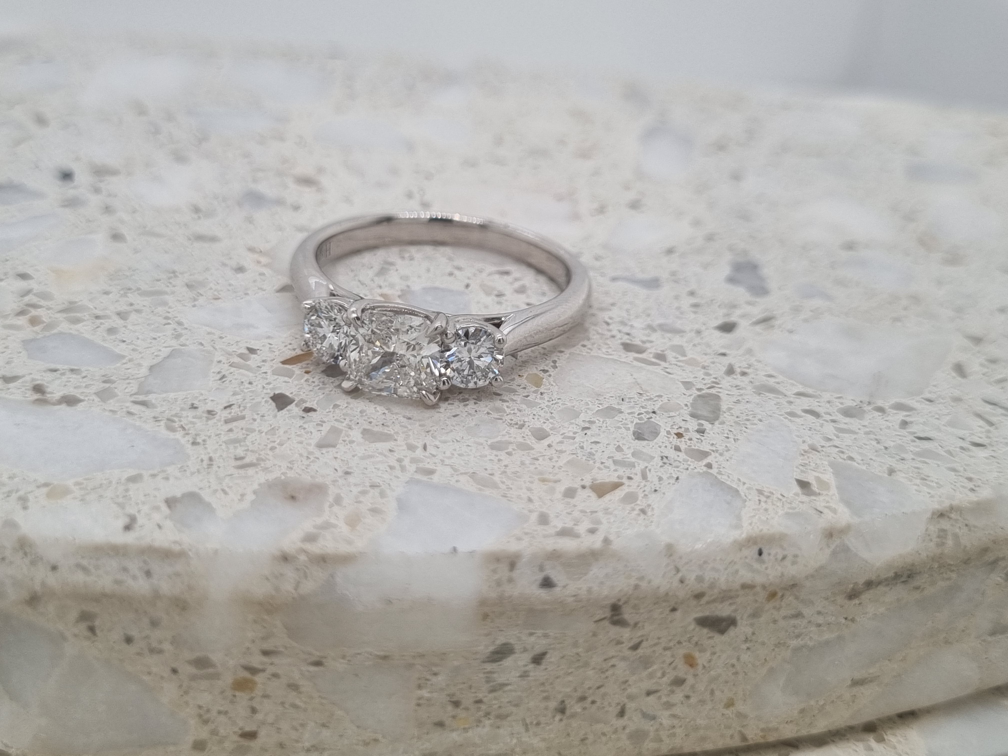 1.52 carat total VERO lab-grown Cushion & Round Trilogy Diamond ring.