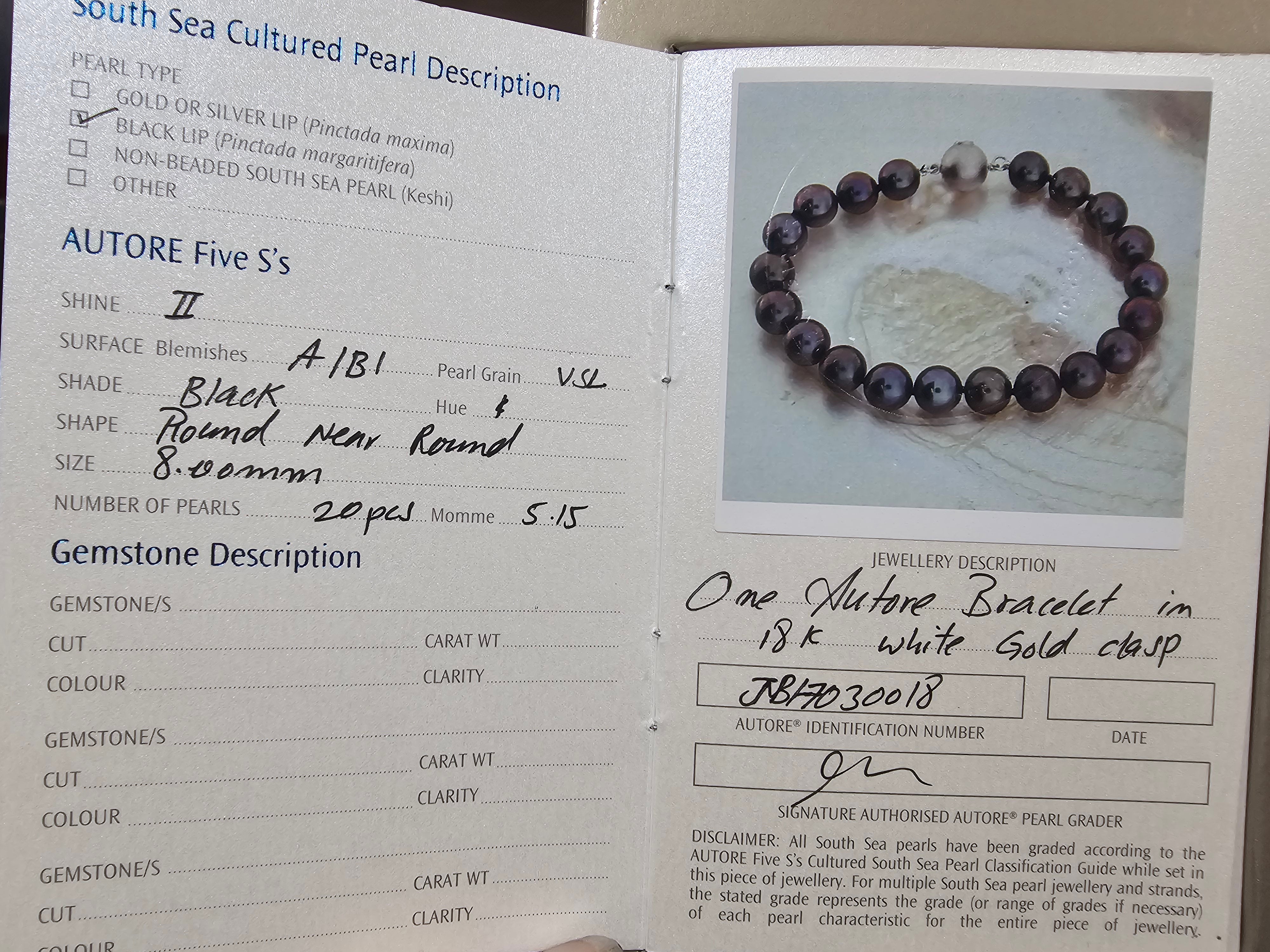 Autore 18ct White Gold South Sea Tahitian Pearl Bracelet, 8mm