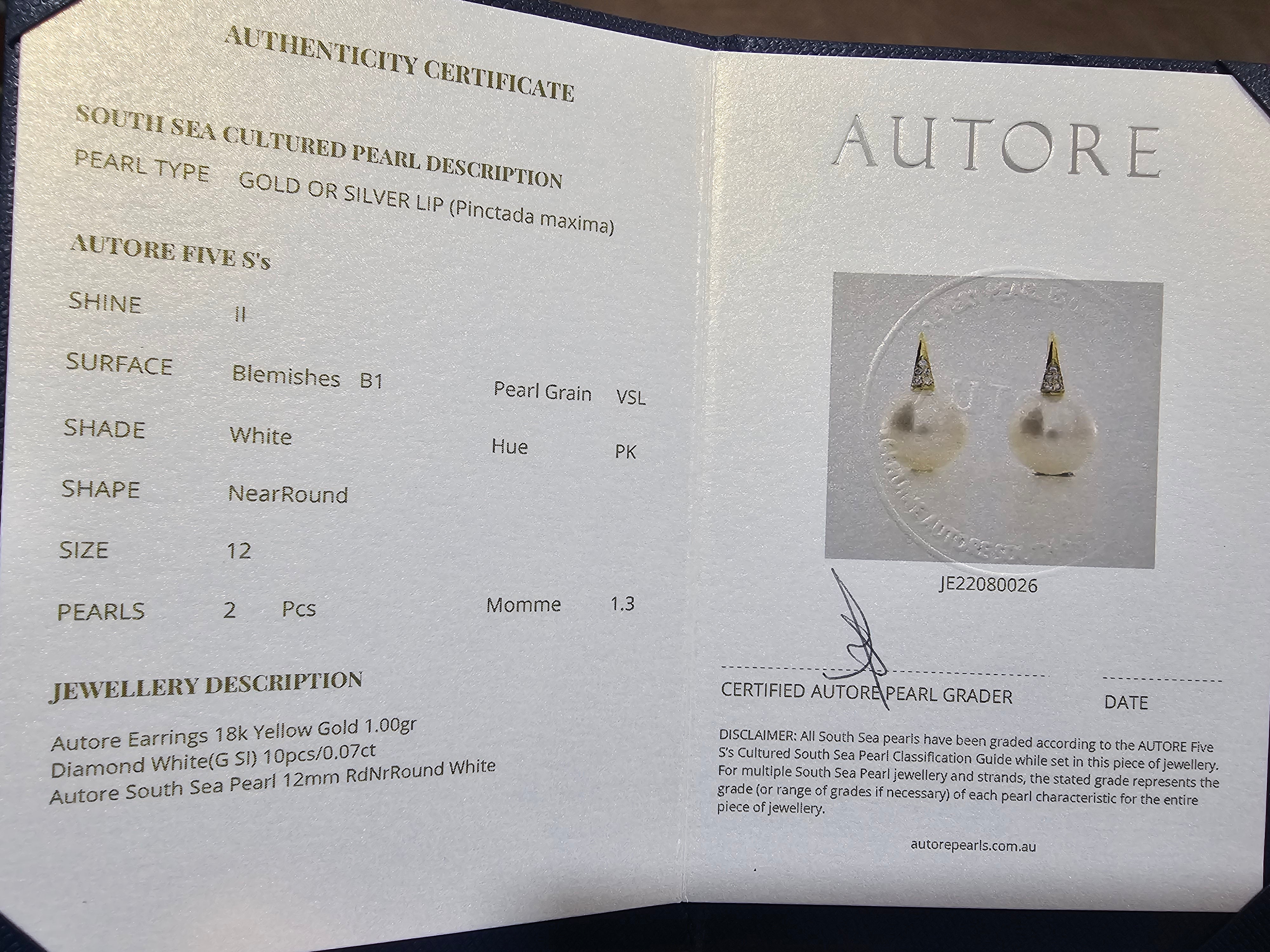 Autore 18ct Yellow Gold South Sea Pearl and Diamond Drop Earrings, 12mm