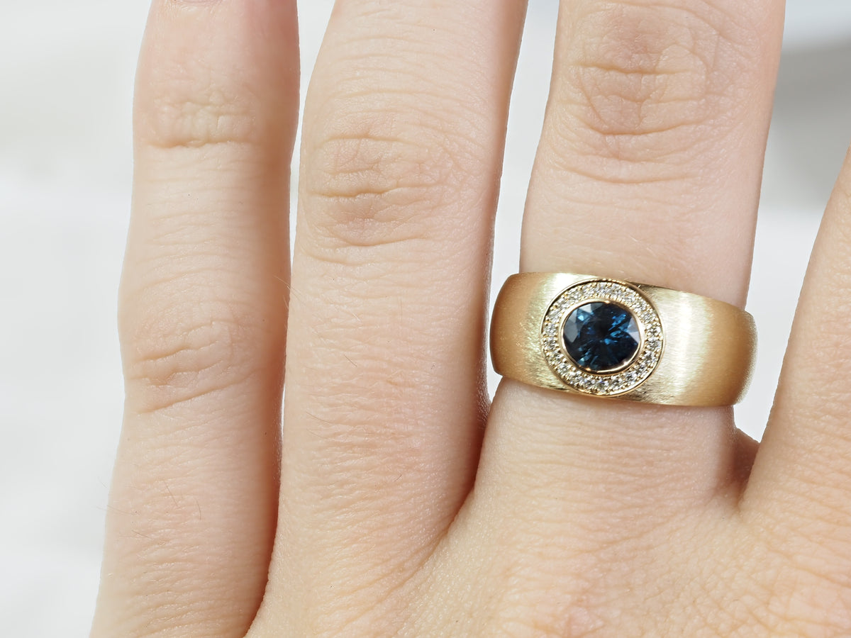 9ct Yellow Gold Australian Sapphire and Diamond Textured Ring, 0.83ct Centre