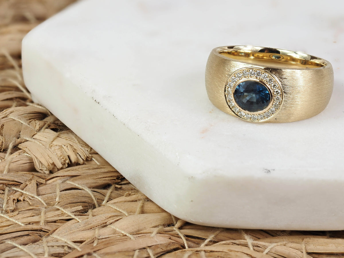 9ct Yellow Gold Australian Sapphire and Diamond Textured Ring, 0.83ct Centre