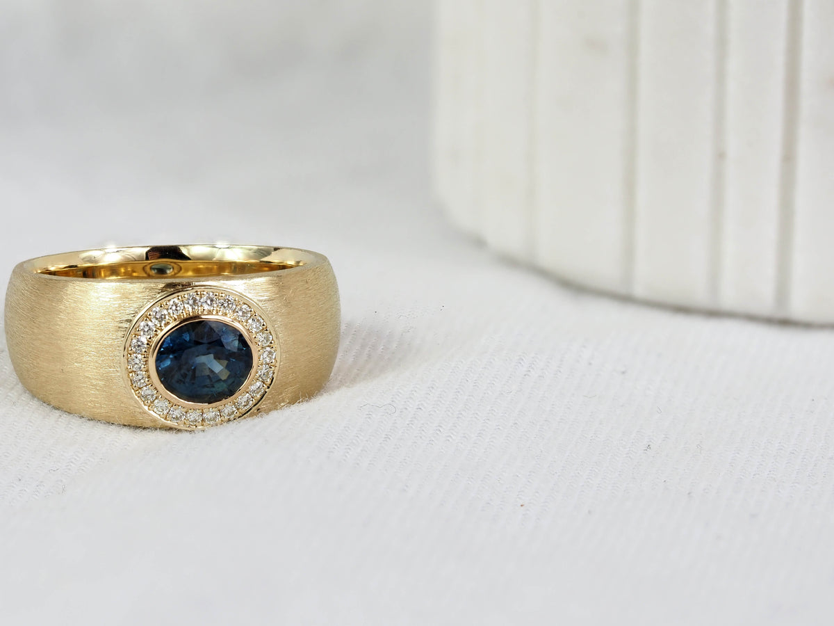 9ct Yellow Gold Australian Sapphire and Diamond Textured Ring, 0.83ct Centre