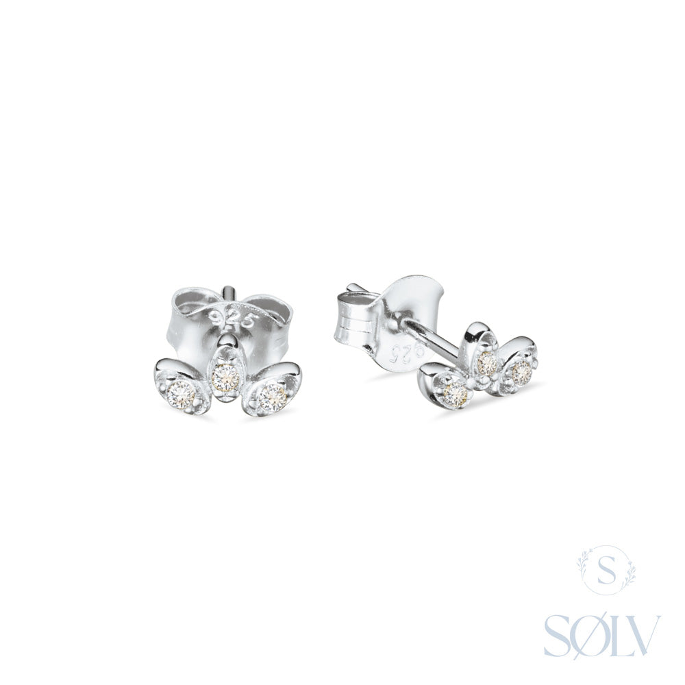 Solv Sterling Silver 3 Leaf Cubic Zirconia Stud Earrings