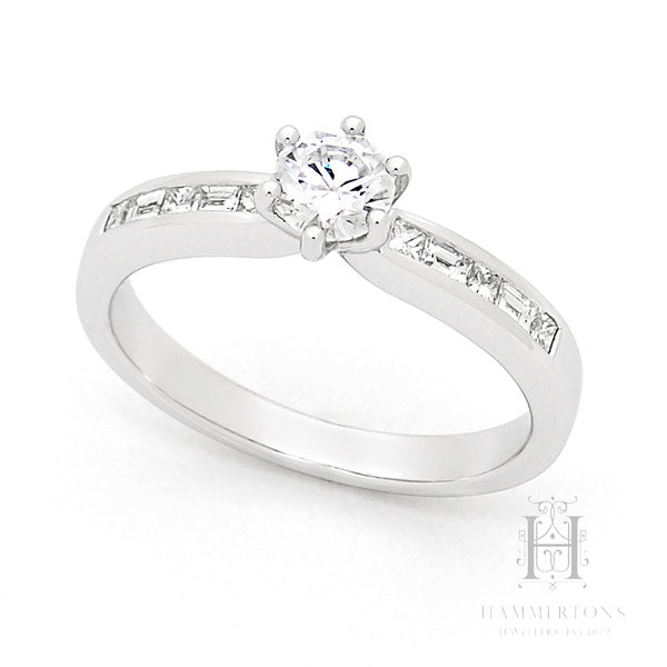 18 Carat White Gold Brilliant, Princess and Baguette Cut Engagement Ring.