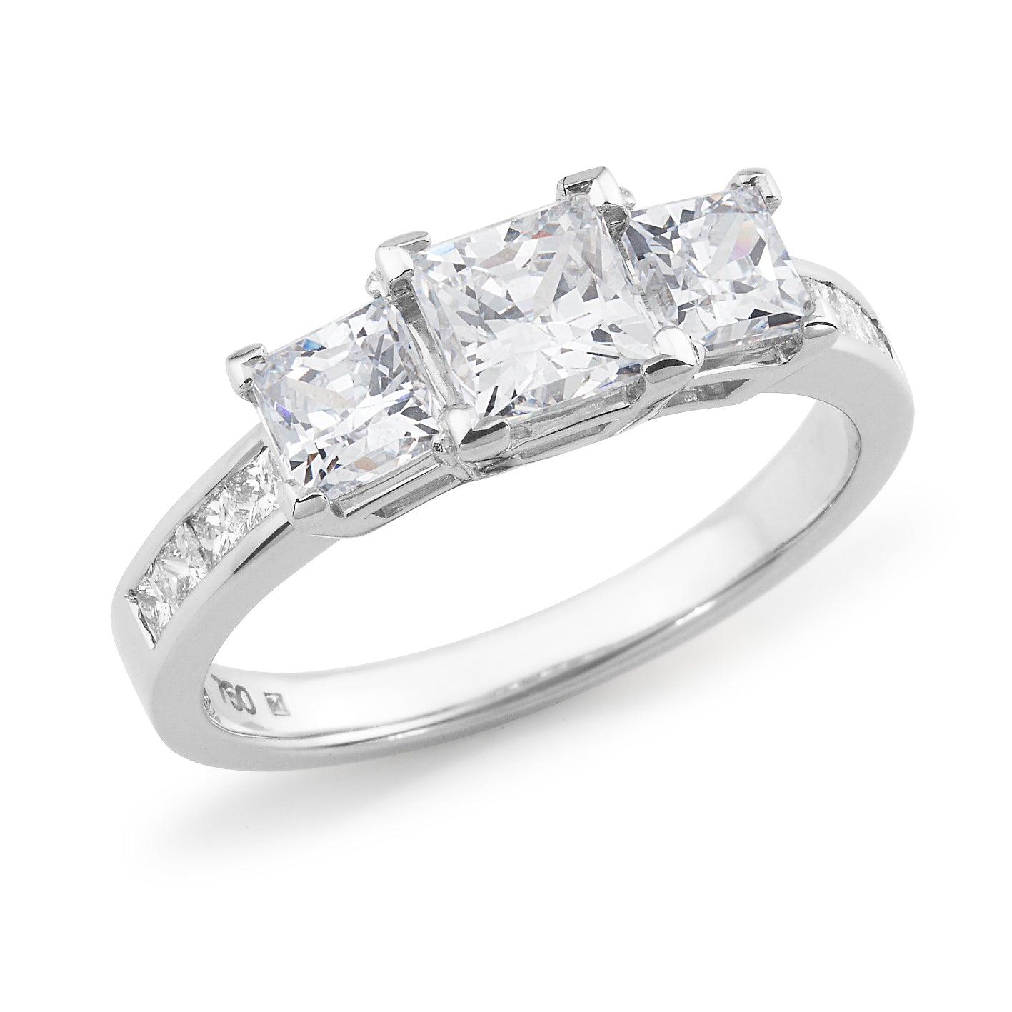 18 Carat White Gold Princess Trilogy Engagement Ring, 1.28 Carats.
