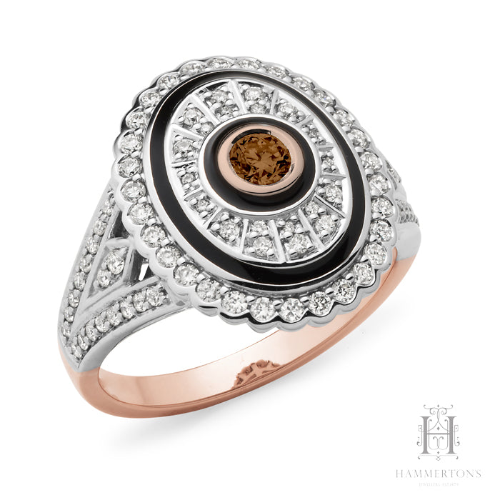 9 Carat White & Rose Gold Ring with Cognac Diamond & Enamel Detail.