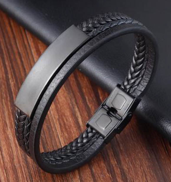 Black IP Stainless Steel Triple-Braided Leather bracelet.